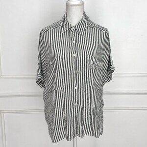 Max Studio Black White Striped Button Down Shirt XL Roll Sleeve Casual Blouse
